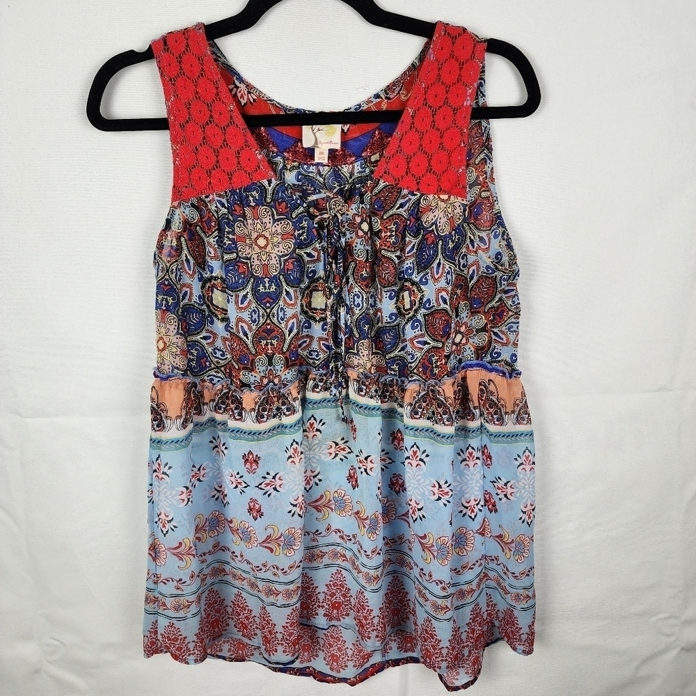 Fig and Flower Floral Lace Sheer Sleeveless Blouse Size Medium Boho‎ Hippie